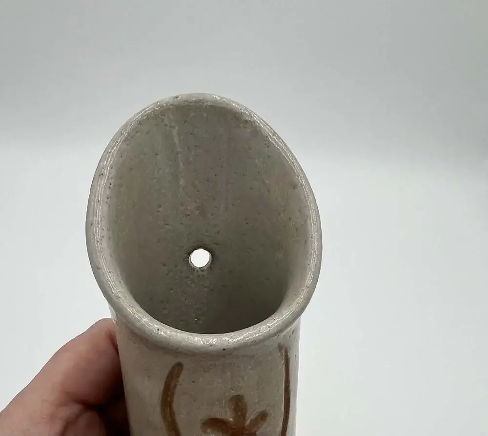 Signed Studio Pottery Wall Pocket Vase Floral Stoneware Handmade 8.5”